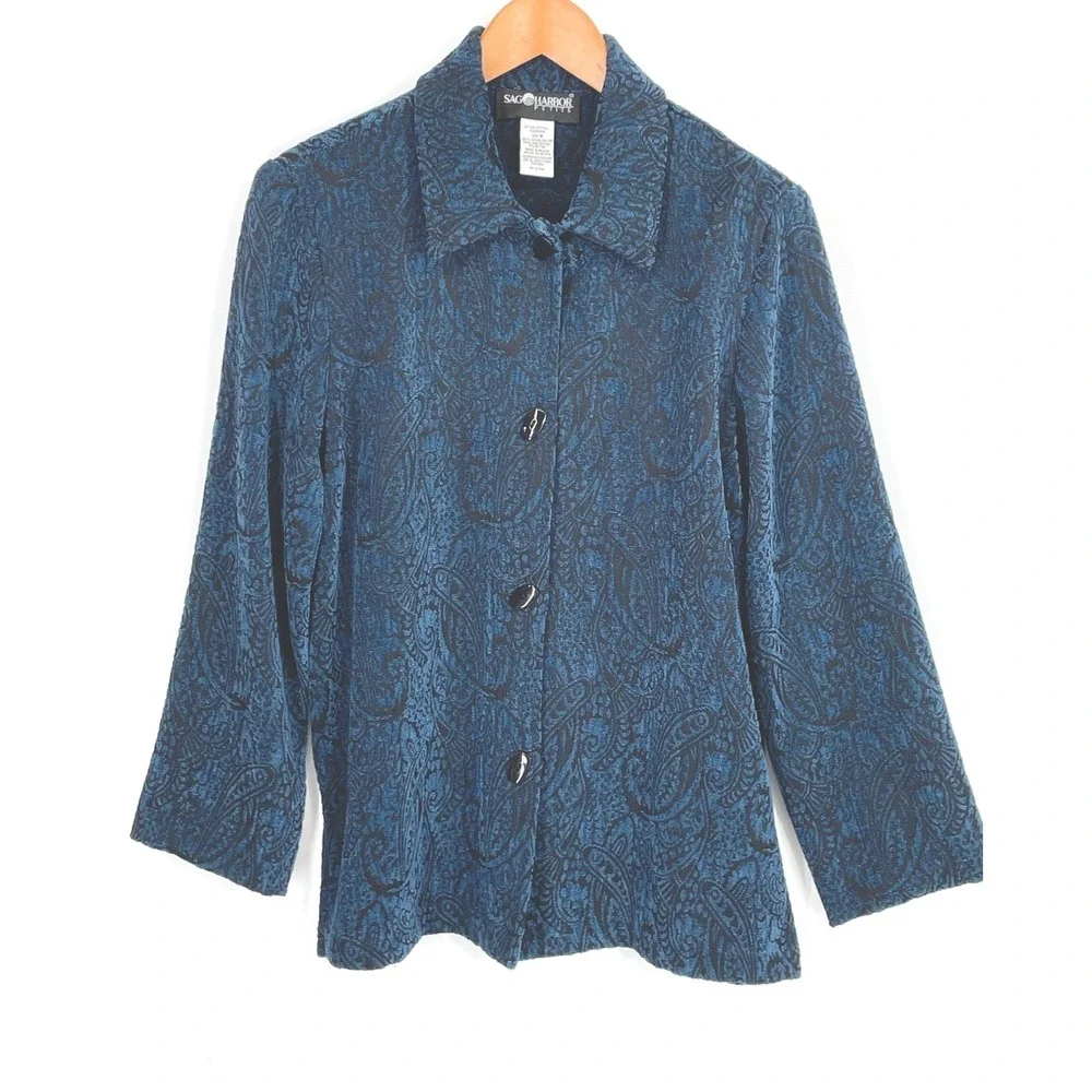 Sag Harbor Women 6P Jacket Blue Black Paisley Whimsigoth Button Front Chenille